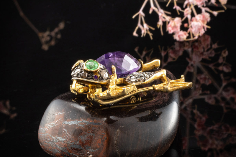 Frosch Brosche Nadel Anhänger Amethyst Diamanten Tsavorit in Gold Silber 