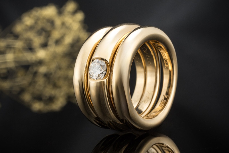 Cartier Ellipse 3 Ringe Solitär Diamant Bandring gestapelt Gelbgold 750 