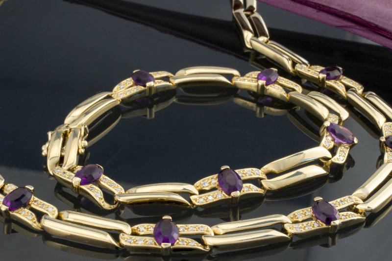 Designer Schmuckset Collier Kette Armband MASSIV 750 Gelbgold Brillanten Amethyste 