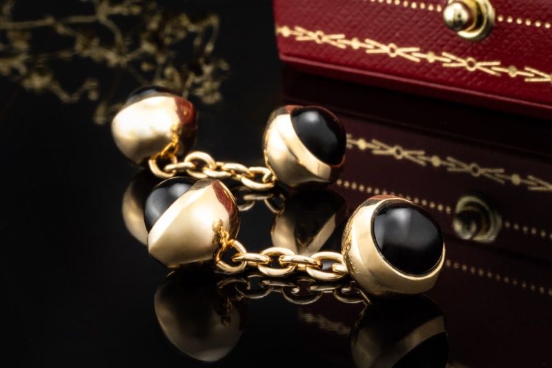 Cartier Manschettenknöpfe mit Onyx Kugeln Schwarz Gelbgold 750 Full Set 