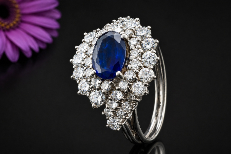 Ring Klassische Weißgold Arbeit mit Saphir im Ovalschliff und Diamanten 