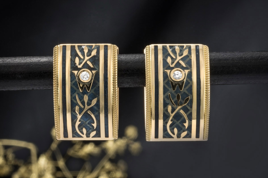 Wellendorff Vintage Ohrringe Creolen Blau Grau Diamanten in Gelbgold 750 