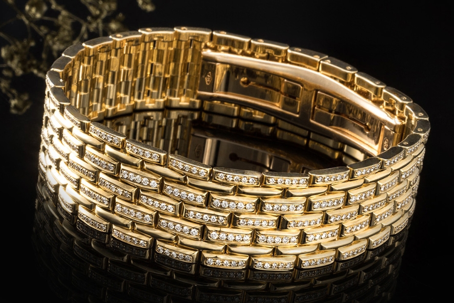 Massives Armband Breites Gliederarmband mit Diamanten in 750er Gelbgold 