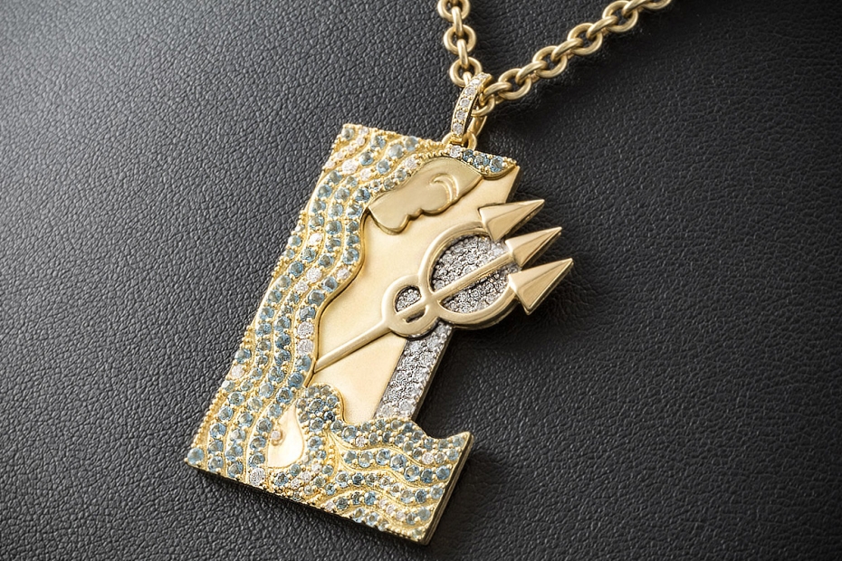 Jazychic Wassermann Sternzeichen Anhänger Aquamarine Diamanten Gelbgold 
