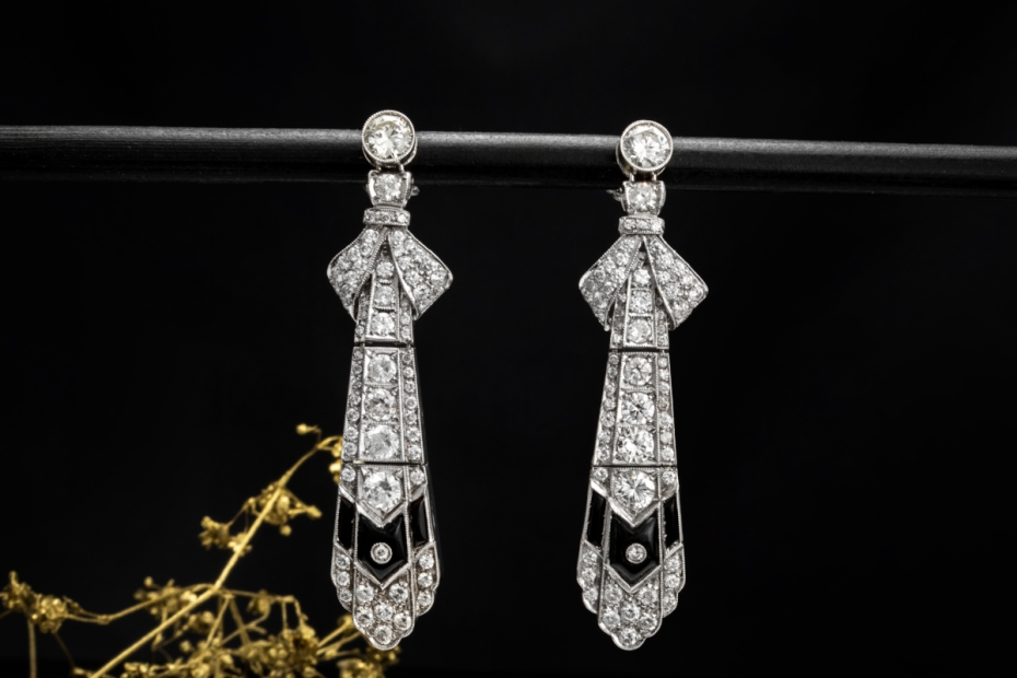 Vintage Art déco Ohrringe Ohrhänger mit Diamanten und Onyx Platin 950 