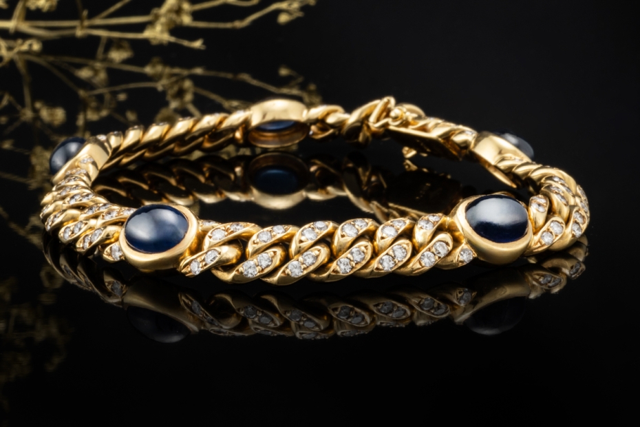 Armband Panzerarmband Saphir Cabochons Diamanten Massiv in Gelbgold 750 