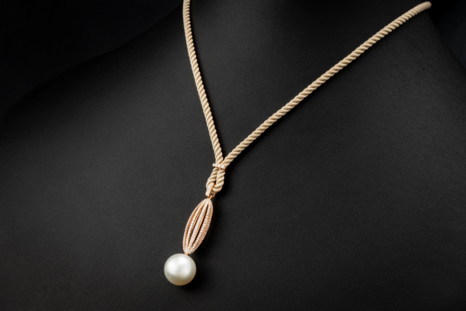 Südsee Perlen Collier mit Diamanten an Kordel in 750er Roségold Weißgold 