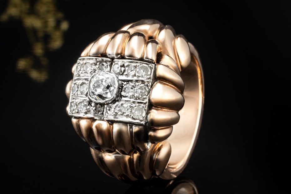Antiker Ring im Vintage Design mit Diamanten im Altschliff in Roségold 