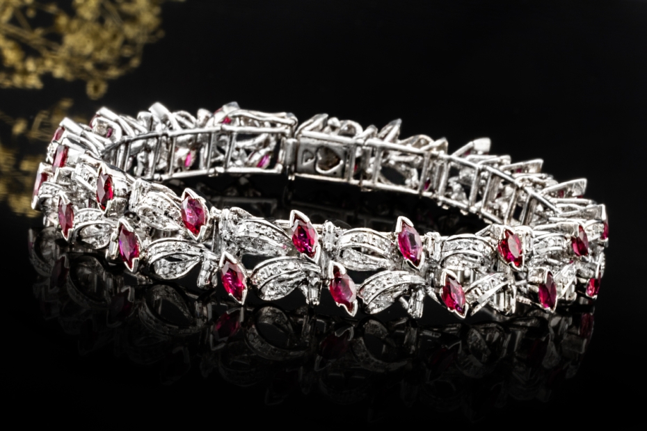 Vintage Armband Marquise Rubine und Altschliff Diamanten in Weißgold 750 