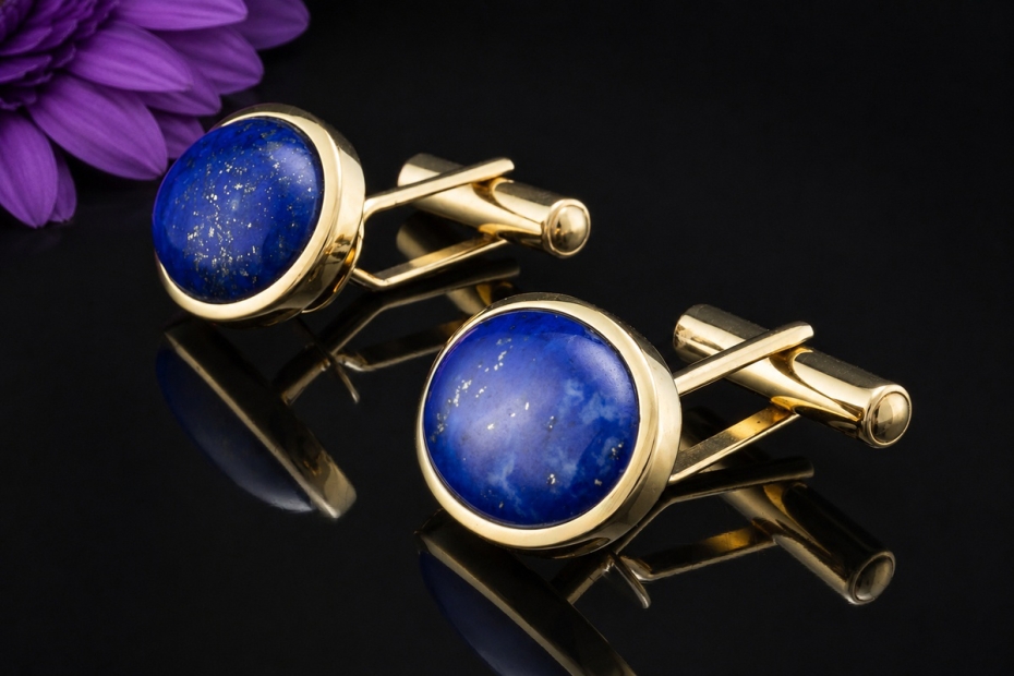 Manschettenknöpfe Handarbeit mit Lapislazuli Cabochons Oval Gelbgold 750 