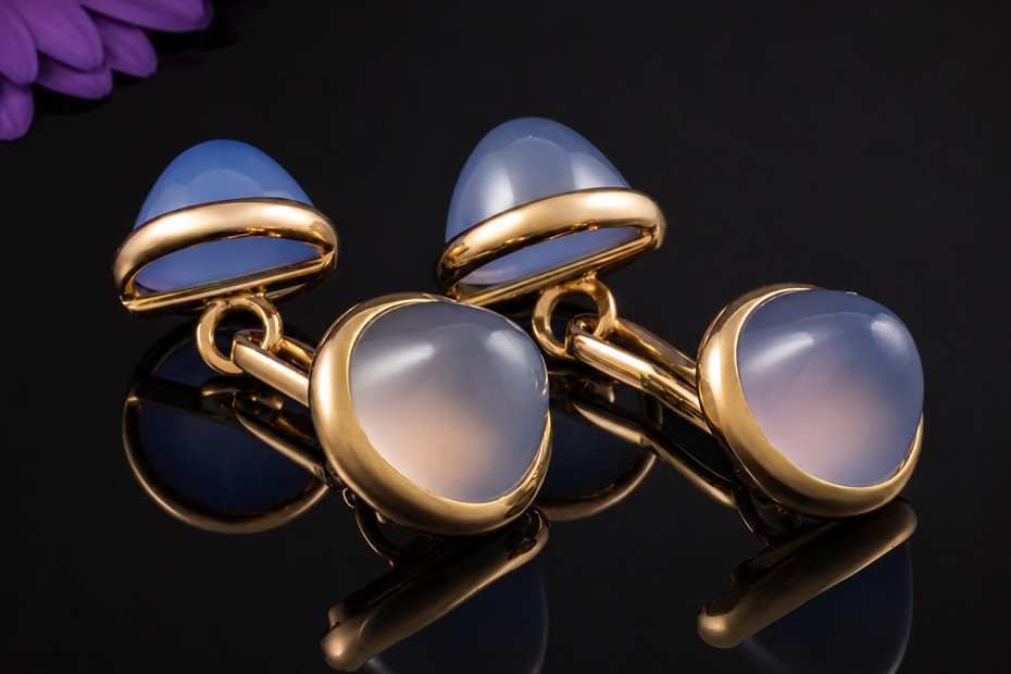 Blaue Manschettenknöpfe mit Chalzedon Cabochons Gelbgold 585 Handarbeit 
