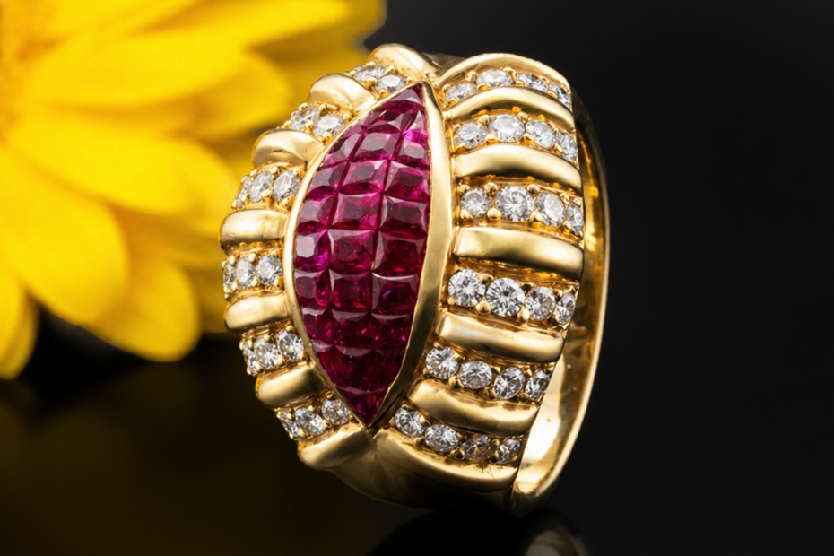 Ring mit Carré Rubinen und Diamanten im Vintage Design Gelbgold 750 