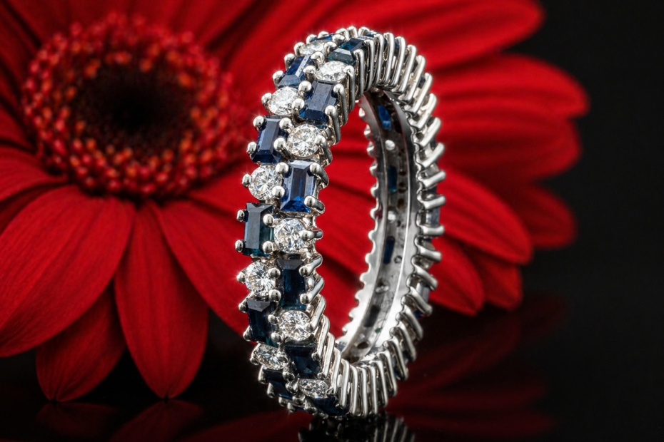 Kreativer Memoire Ring mit Diamanten und Saphiren Weiß Blau in Weißgold 