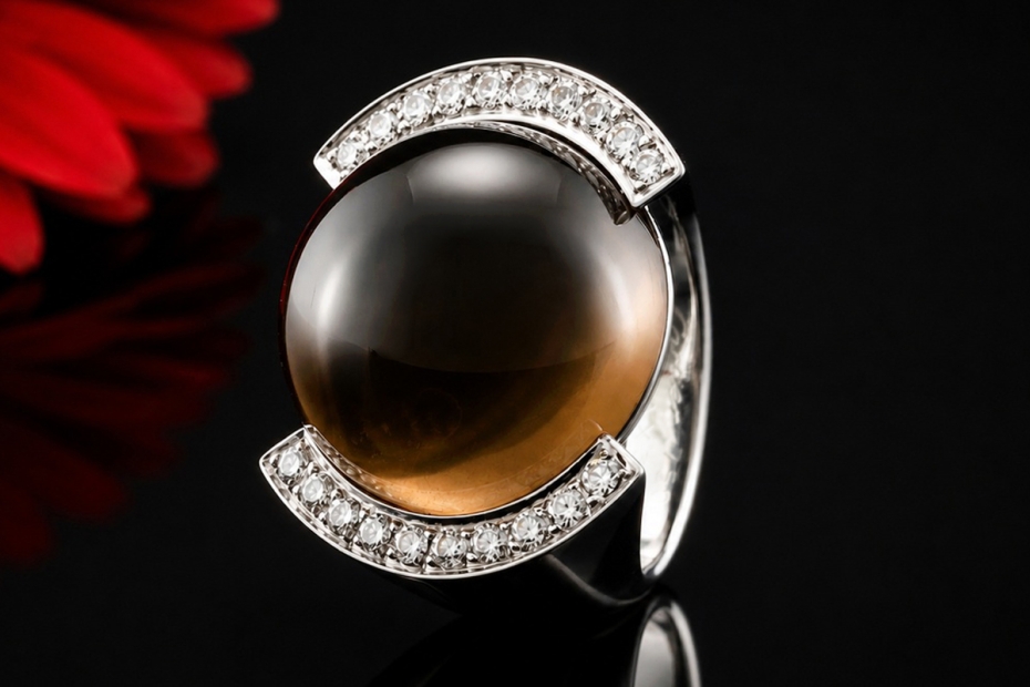 Cartier Vintage Ring mit Rauchquarz Cabochon und Diamanten Weißgold 750 