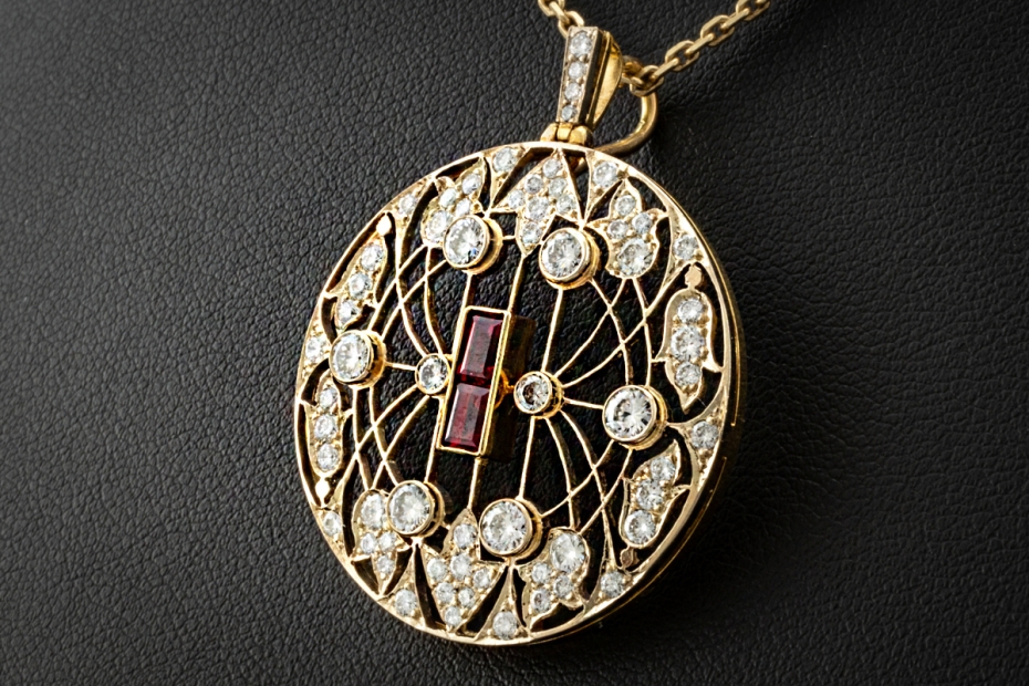 Großer runder Art déco Anhänger mit Diamanten und Rubin in Gelbgold 750 