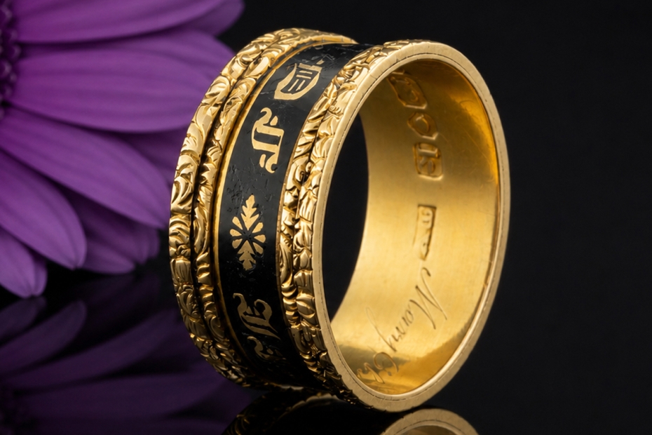 Antiker Trauerring Mary Christmas 1818 Ring Schwarz Gold in Gelbgold 750 
