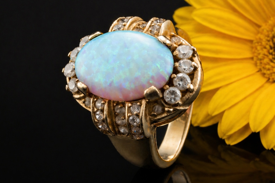 Vintage Opal Ring Oval mit Diamanten gefertigt in 585er Gelbgold 