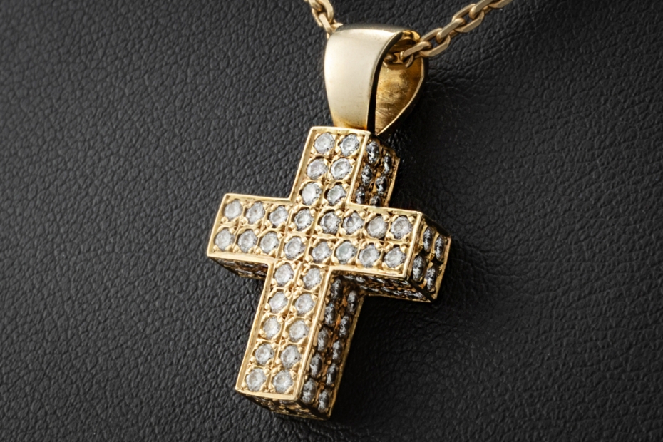 Kreuz Anhänger mit Diamanten im Pavé Vollbesatz gefertigt in Gelbgold 