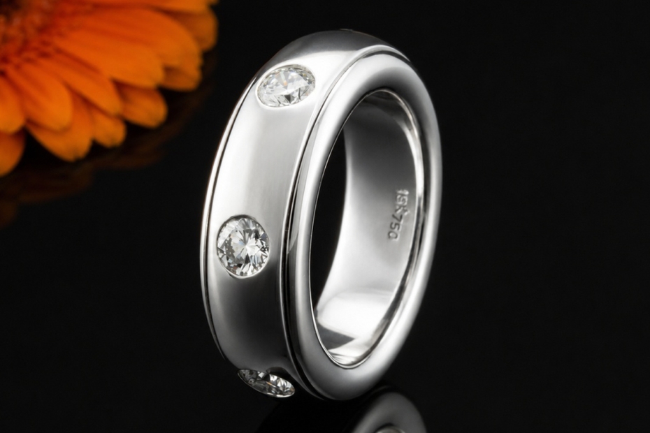 Massiver Memoire Drehring Handarbeit mit Diamanten Gr 56 in Weißgold 750 
