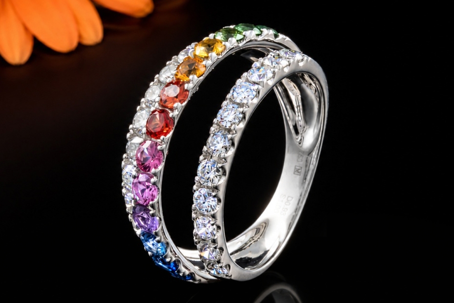Regenbogen Ring Offenes Design Bunte Saphire und Diamanten Weißgold 750 