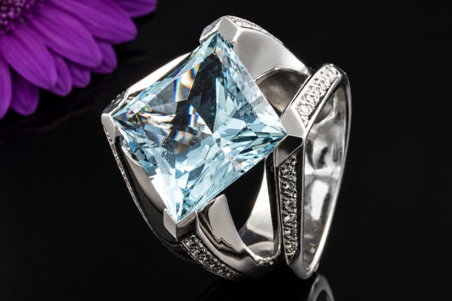 Großer Ring mit Princess Aquamarin und Diamanten in Weißgold Handarbeit 