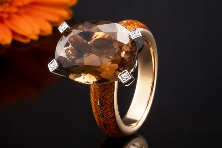 Victor Mayer Ring Cocktailring Rauchquarz und Diamanten in Gelbgold 750 