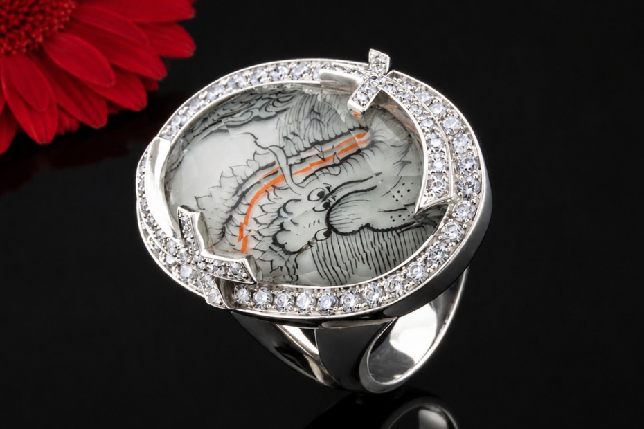 Meissen Ring Mystery Ming Drache Bemaltes Porzellan Weißgold Handarbeit 