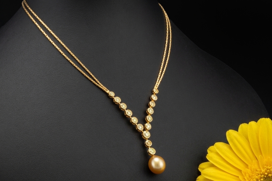 Y-Collier Goldene Südsee Perle und Diamanten Handarbeit in Gelbgold 750 