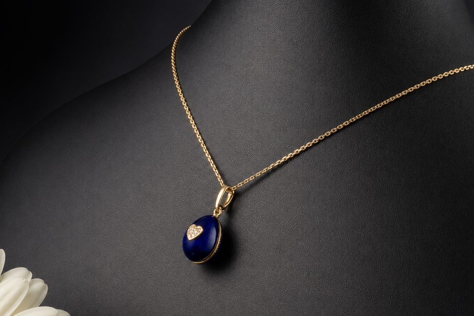 Fabergé Anhänger Gold Ei-Medaillon Herz Versteck Diamanten Emaille Blau 