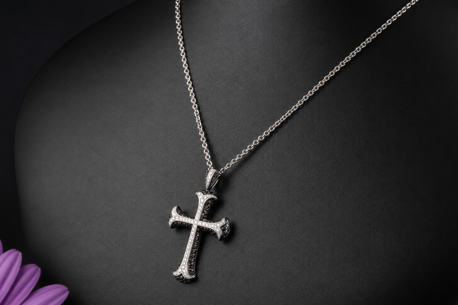 Juwelier Leicht Kreuz Anhänger Diamanten schwarze Saphire 750er Weißgold 