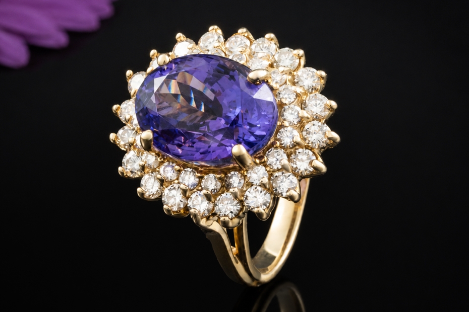 Entouragering Amethyst Cocktailring mit Diamanten in Gelbgold Handarbeit 