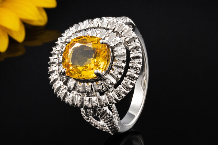 Cocktailring Gelber Saphir mit Diamanten Ring in Weißgold 750 Handarbeit 
