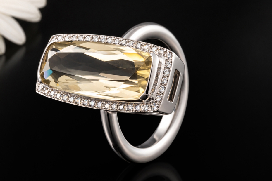 Ring Langer facettierter Citrin mit Diamanten in Weißgold 750 Handarbeit 