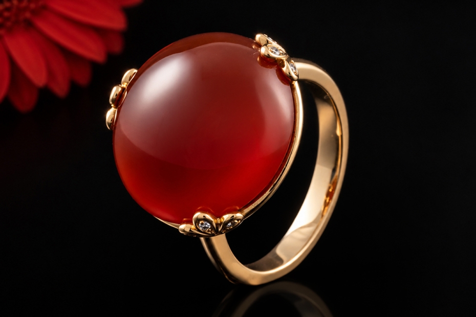 Großer runder Karneol Ring Rot mit Diamanten in Gelbgold 750 Handarbeit 