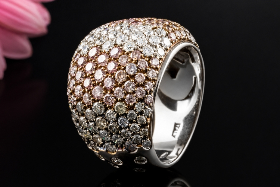 Massiver Designer Ring mit farbigem Diamant-Pavé in Weißgold 750 Arbeit 