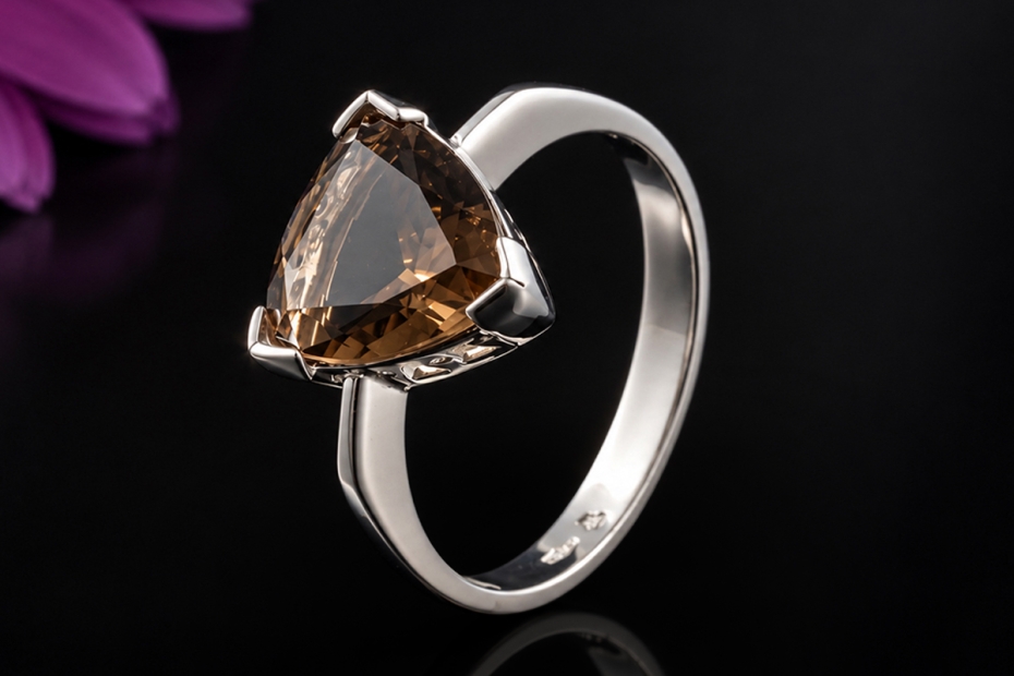 Gress-Rinck Ring Dreickiger Rauchquarz Braun Trillantschliff in Weißgold 
