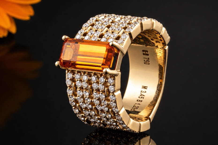 Hollfelder Creations Ring Mandarin Granat und Diamanten in Gelbgold 750 