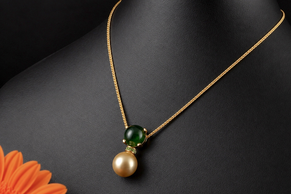 Collier mit Fidschi Perle Grüner Turmalin und Diamanten in Gelbgold 750 