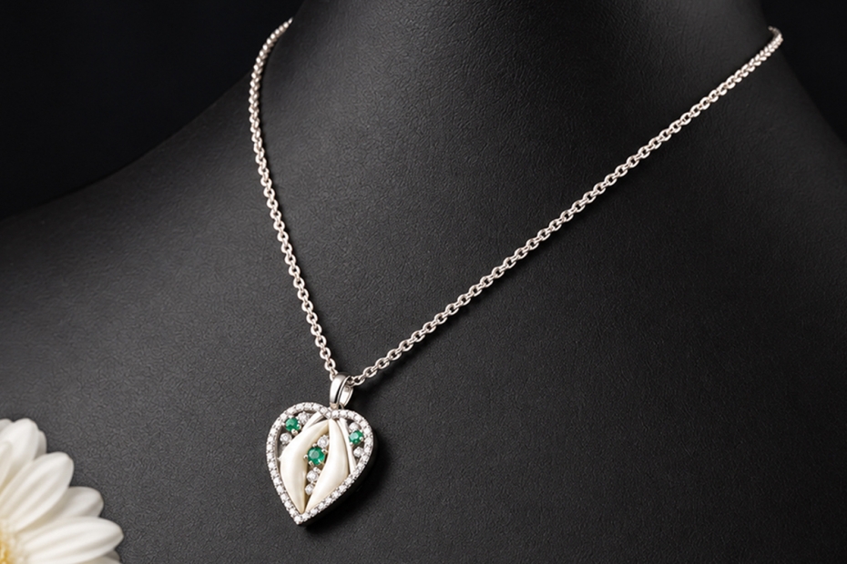 Traditionelles Jagdschmuck Collier Hollfelder Fuchszahnherz in Weißgold 