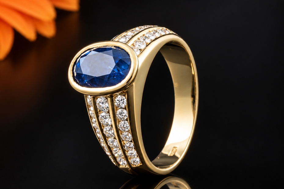 Ovaler Saphir Ring mit Diamanten in 750er Gelbgold Goldschmiedearbeit 