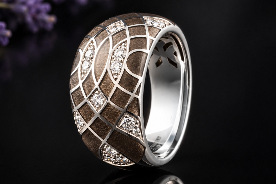 Leo Wittwer Ring mit Emaille Braun - Grau und Diamanten in Weißgold 750 