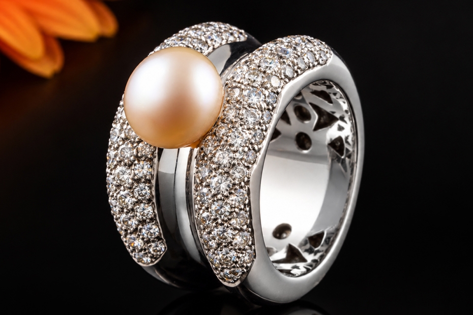 Exklusiver Weißgold Cocktailring Champagnerfarbene Perle und Diamanten 