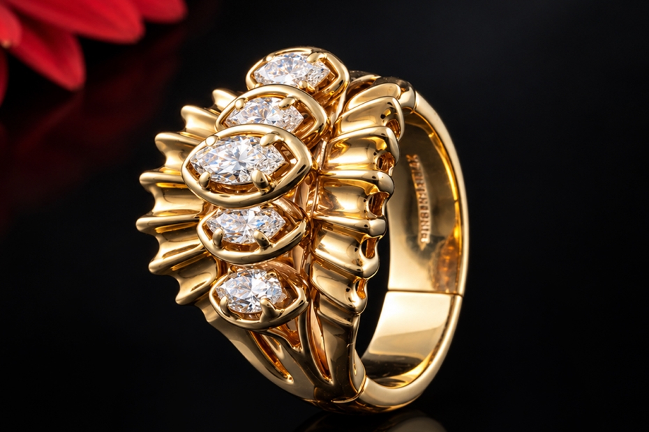 Vintage Ring 5 Navette-Diamanten & Finger-Mate-Mechanismus in 585er Gold 