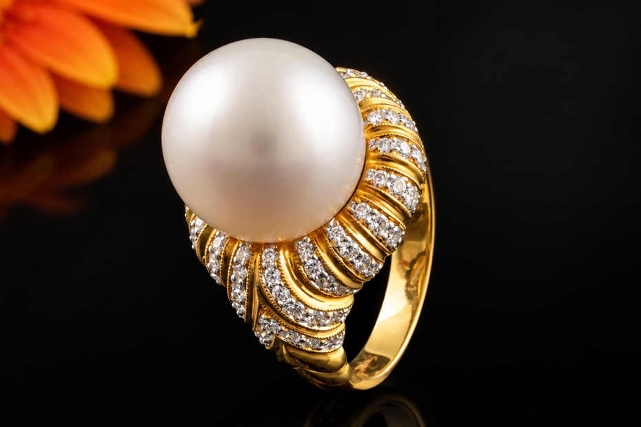 Prachtvoller Cocktailring mit Südseeperle und Diamanten in Gelbgold 750 