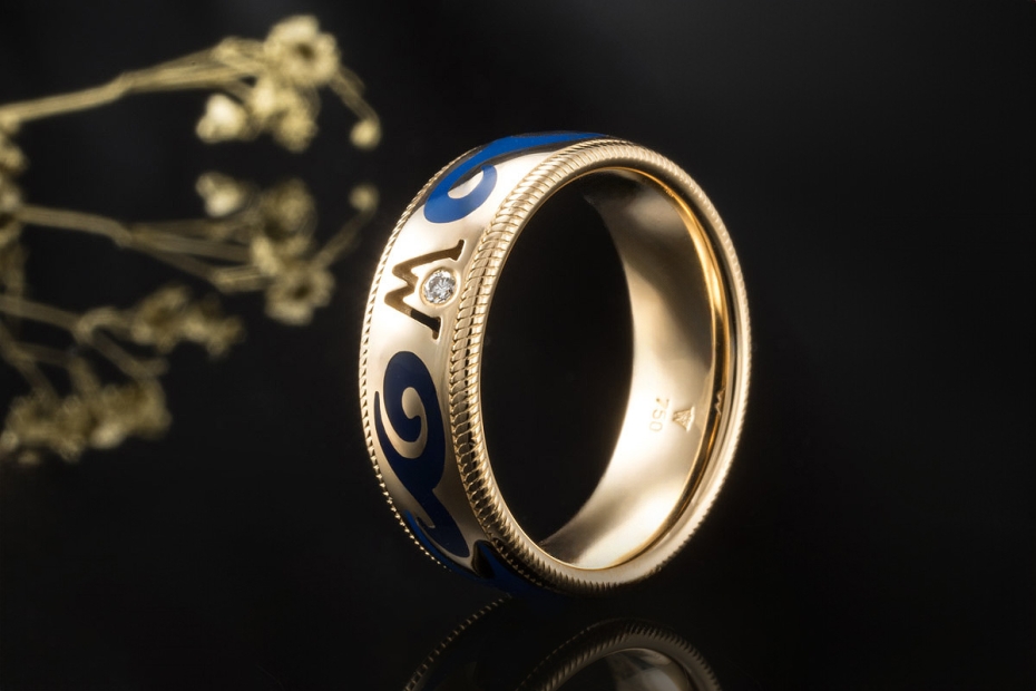 Wellendorff Vintage Ring mit blauer Emaille und Diamant in Gelbgold 750 