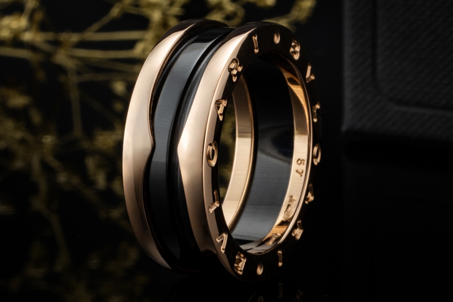 BVLGARI B.zero1 2-Band Ring Schwarze Keramik in 750er Roségold Full Set 