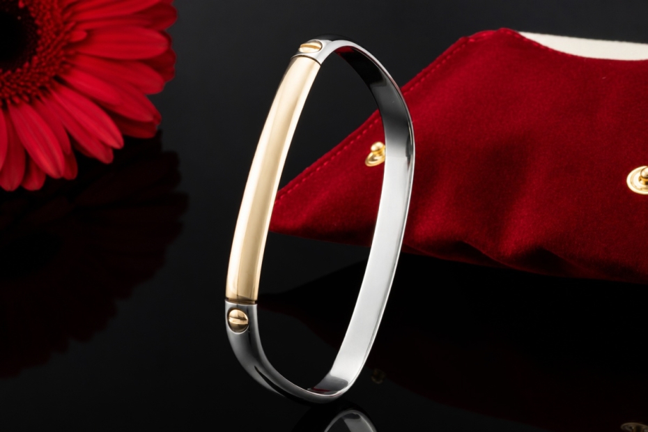 Cartier Armreif Love Motiv Acier et Or Eckige Form 750er Gold und Stahl 