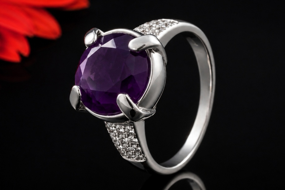 Hollfelder Ring mit facettiertem Amethyst und Diamanten in Weißgold 750 