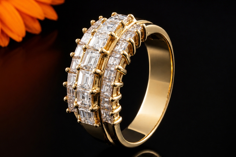 Ring mit Eckige Diamanten Carréschliff 2,80 Ct 750er Gelbgold Handarbeit 