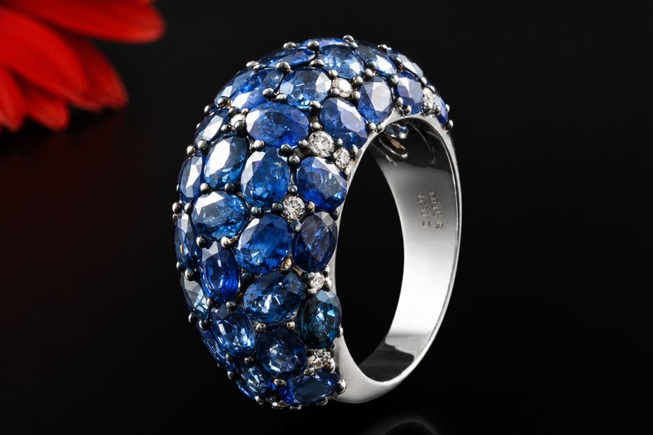 Cocktailring Bandring mit Saphir Mosaik und Diamanten in 750er Weißgold 